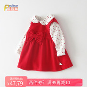 小女童宝宝春装红色背带连衣裙，两件套装洋气，公主婴儿春季衣服1岁3