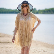 火凤凰-慕欧美杏色针织流苏，沙滩罩衫海边度假比基尼外罩衫泳衣外