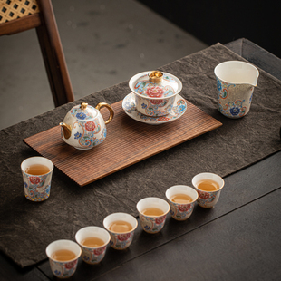 手工纯银掐丝茶壶陶瓷，三才盖碗茶碗公道，杯品杯精致功夫茶具礼盒装