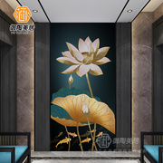 新中式玄关岩板古典手绘荷花，卫生间浴室壁画艺术，瓷砖画背景墙墙砖