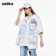 GUUKA潮牌白色短袖衬衫女夏季 情侣嘻哈弧形下摆刺绣衬衣宽松
