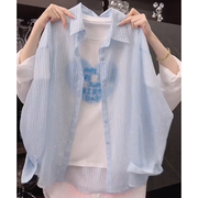 韩系蓝色条纹贴钻防晒衣，长袖雪纺衫，衬衫欧货夏季2024薄外套潮