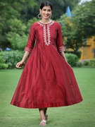 印度进口连衣裙丝绵含内衬刺绣印花民族风长裙印巴风情  红色