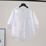 日韩品牌外贸女装纯棉白色衬衫，女七分袖，宽松休闲百搭衬衣上衣