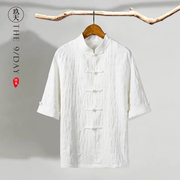 中国风夏季棉麻唐装衬衫复古男装七分袖亚麻，短袖男士中式上衣中袖