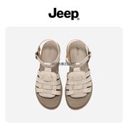 jeep厚底编织罗马凉鞋，女夏季软底2022复古舒适真皮小坡跟凉鞋