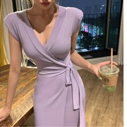 韩国时尚舒适潮气质女装，v领无袖性感，芋紫复古垫肩系带连衣裙长裙