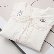 日系软妹森女风童趣小熊，樱桃蛋糕刺绣，娃娃领系带蝴蝶结长袖白衬衫