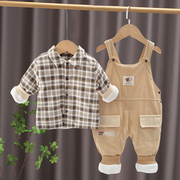 男宝宝棉衣背带裤套装1岁婴儿秋季双层夹棉衣服小孩外出服两件套