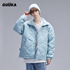 GUUKA潮牌蓝色立领棉服男款冬季 情侣不规则分割线棉衣男外套宽松