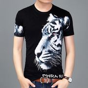 夏季潮流男士冰丝棉短袖T恤衫 创意个性3D大老虎头像图案透气半袖