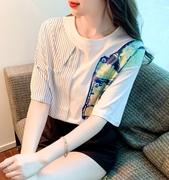 韩国条纹撞色雪纺上衣女，夏季印花2024时尚，减龄气质短袖t恤设