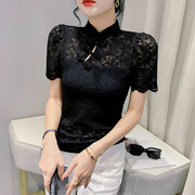 中国风立领蕾丝衫女短袖夏季设计感复古盘扣上衣洋气性感镂空小衫