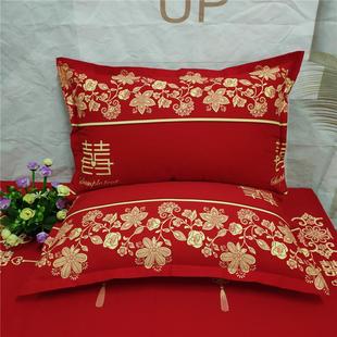 大红色枕套全棉结婚一对100%纯棉拉炼式婚庆纯棉印花单Z双人枕头