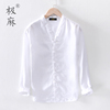 中国风盘扣亚麻衬衫男士，休闲长袖白色立领，薄款文艺宽松棉麻料衬衣