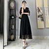 2024夏季黑色雪纺连衣裙，女高端优雅v领纯色，高腰复古中长裙子