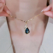 简约蓝色孔雀水晶微镶项链个性，气质时尚大气网红短款锁骨链女