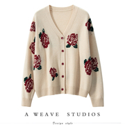 心动款!羊绒开衫，女短款复古玫瑰刺绣针织衫，修身气质保暖羊毛外套