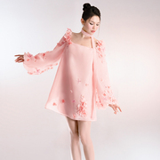 越南小众lamkhue2023年夏季宽松休闲粉色方领长袖直筒裙
