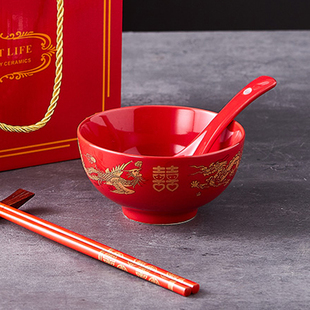 龙凤碗陶瓷红碗结婚碗筷套装中式喜字高脚碗餐具陪嫁用品婚庆