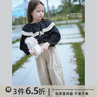 史豌豆(史豌豆)女童衬衫，2023秋装儿童简洁大方黑色，大翻领衬衣宝宝上衣