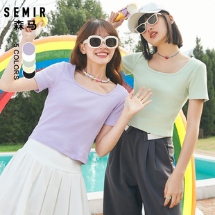 森马短袖T恤女2023夏季短款方领修身bm风紫色显瘦小个子上衣
