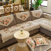 四季通用布艺沙发垫美式绣花沙，发套组合沙发罩，巾田园刺绣防滑坐垫
