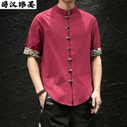 夏季中国风男装棉麻短袖衬衫中式立领，盘扣唐装男短袖汉服半袖衬衣