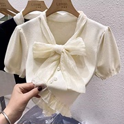 冰丝短袖T恤女夏季小香风短款设计感小众绑带蝴蝶结半袖针织上衣