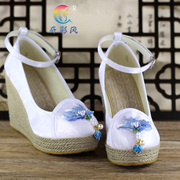 民族风女鞋白色超高跟坡跟，中式汉服配旗袍鞋子七彩民风布鞋绣花鞋
