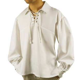 欧美中世纪万圣节复古男士纯色衬衫 宽松翻领绑带长袖舞台演COS服