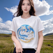 大码休闲新中式国风短袖t恤女夏季ab面短款上衣，数码印花半袖体恤
