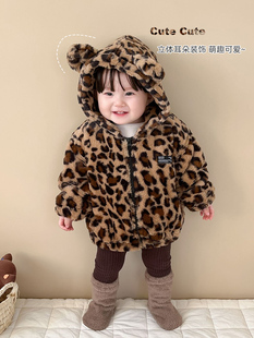冬款婴儿豹纹外套男女宝，宝金貂绒加厚连帽上衣宝宝加绒保暖洋气