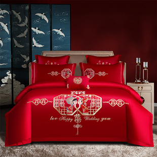 中式新婚床上四件套全棉新郎新娘刺绣大红色被套纯棉床单结婚床品