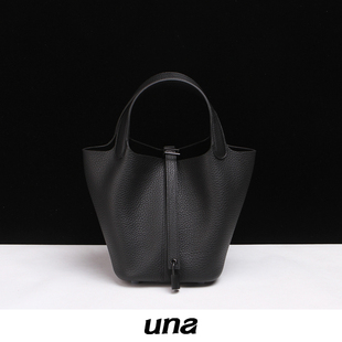 UNA/优娜黑黑so black 黑扣菜篮子包 全黑色女包手提包水桶包