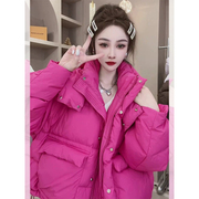 玫红色羽绒棉服冬季女2023设计师时尚小香风立领面包服厚外套