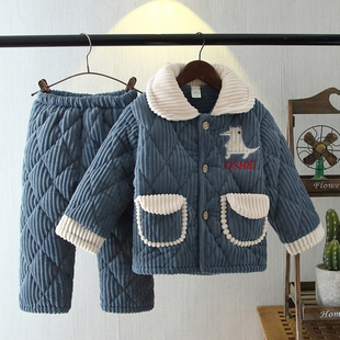 冬季儿童三层加厚夹棉宝宝男孩，女童大童珊瑚，绒保暖家居服套装睡衣