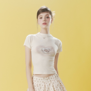 REDOLENCE爱心泡泡图案小高领短袖 夏季设计感修身显瘦短款T恤女