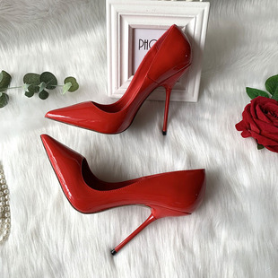 19欧美外贸大红色漆皮，尖头夜店性感女神超细异型，钨钢跟男女高跟鞋