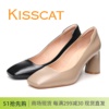 kisscat接吻猫2024春款粗跟高跟鞋，方头羊皮百搭黑色职业女鞋单鞋
