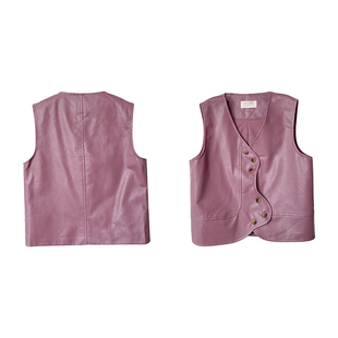 粉紫色V领单排扣马甲通勤风无袖外搭流行上衣时尚休闲洋气B》19