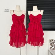 夏季纯欲显白小红裙，2024年层层蛋糕裙百搭显瘦雪纺背心连衣裙
