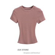 skims卡戴珊同款螺纹显瘦短袖T恤女性感修身圆领纯色弹力舒适上衣