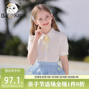 女童白色衬衫2024夏季大童装，儿童玫瑰领结短袖小女孩上衣洋气