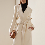 女装纯色羊毛呢大衣白色长款风衣，系带双排扣外套秀场款尖货