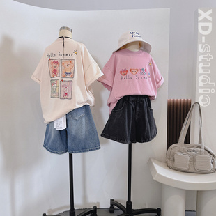 品牌童装2024夏装女童韩版可爱卡通动物印花宽松休闲短袖T恤