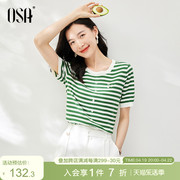 OSA欧莎绿色条纹套头短袖针织衫女夏季2023年显瘦蝴蝶结上衣