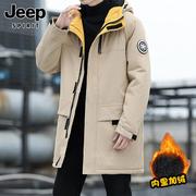 jeep吉普工装棉服男士，中长款冬季潮牌连帽加绒加厚长款大衣外套男