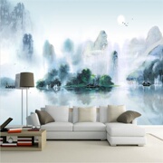 中式山水风景壁纸卧室大气沙发背景壁画客厅抽象水墨墙纸无缝墙布