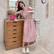 粉色法式少女感荷叶袖连衣裙女夏季2024韩版宽松显瘦遮肉长裙